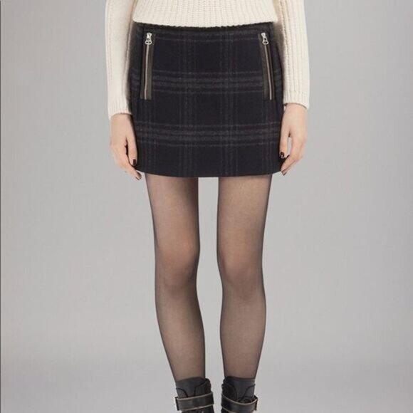 MAJE Wool Blend Check Plaid Mini Skirt Sz XS Lambskin Leather Trim - Picture 8 of 8